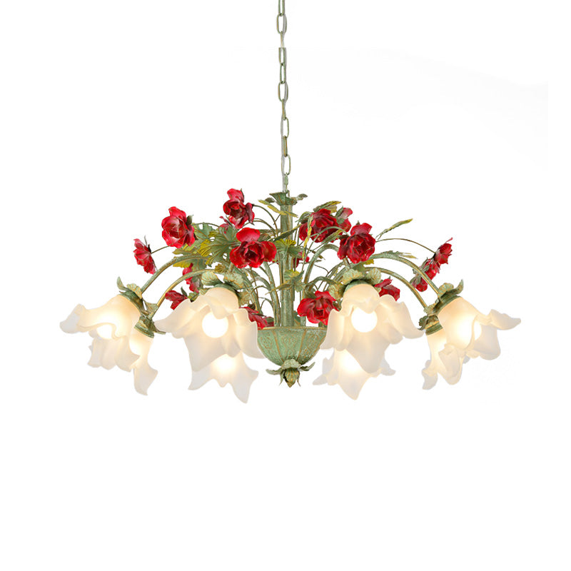 Green Spread Hanging Pendant Pastoral Style Cream Glass 3/5/8-Head Dining Room Flower Chandelier Clearhalo 'Ceiling Lights' 'Chandeliers' 'Close To Ceiling Lights' 'Glass shade' 'Glass' 'Island Lights' Lighting' 2181751