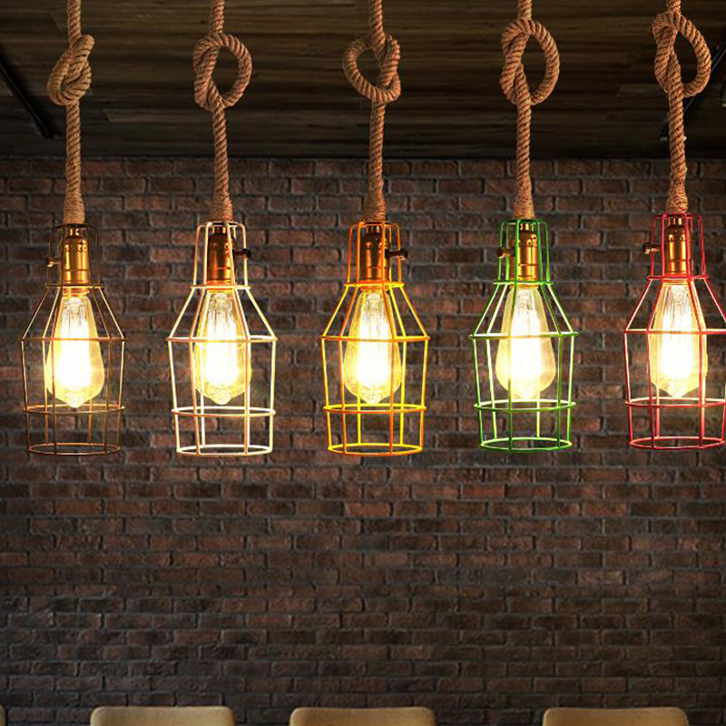 Wire Cage Dining Room Pendant Light Warehouse Metallic 1-Head Black/White/Pink Suspension Lamp with Rope Cord Black Clearhalo 'Ceiling Lights' 'Industrial Pendants' 'Industrial' 'Middle Century Pendants' 'Pendant Lights' 'Pendants' 'Tiffany' Lighting' 2181775