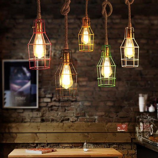 Wire Cage Dining Room Pendant Light Warehouse Metallic 1-Head Black/White/Pink Suspension Lamp with Rope Cord Clearhalo 'Ceiling Lights' 'Industrial Pendants' 'Industrial' 'Middle Century Pendants' 'Pendant Lights' 'Pendants' 'Tiffany' Lighting' 2181776