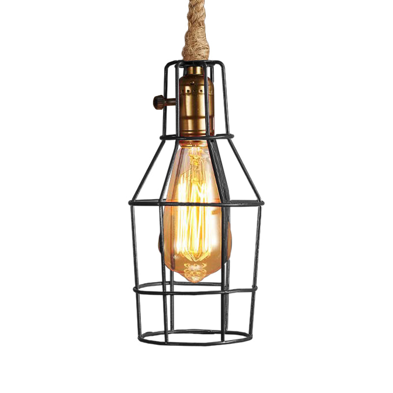 Wire Cage Dining Room Pendant Light Warehouse Metallic 1-Head Black/White/Pink Suspension Lamp with Rope Cord Clearhalo 'Ceiling Lights' 'Industrial Pendants' 'Industrial' 'Middle Century Pendants' 'Pendant Lights' 'Pendants' 'Tiffany' Lighting' 2181777