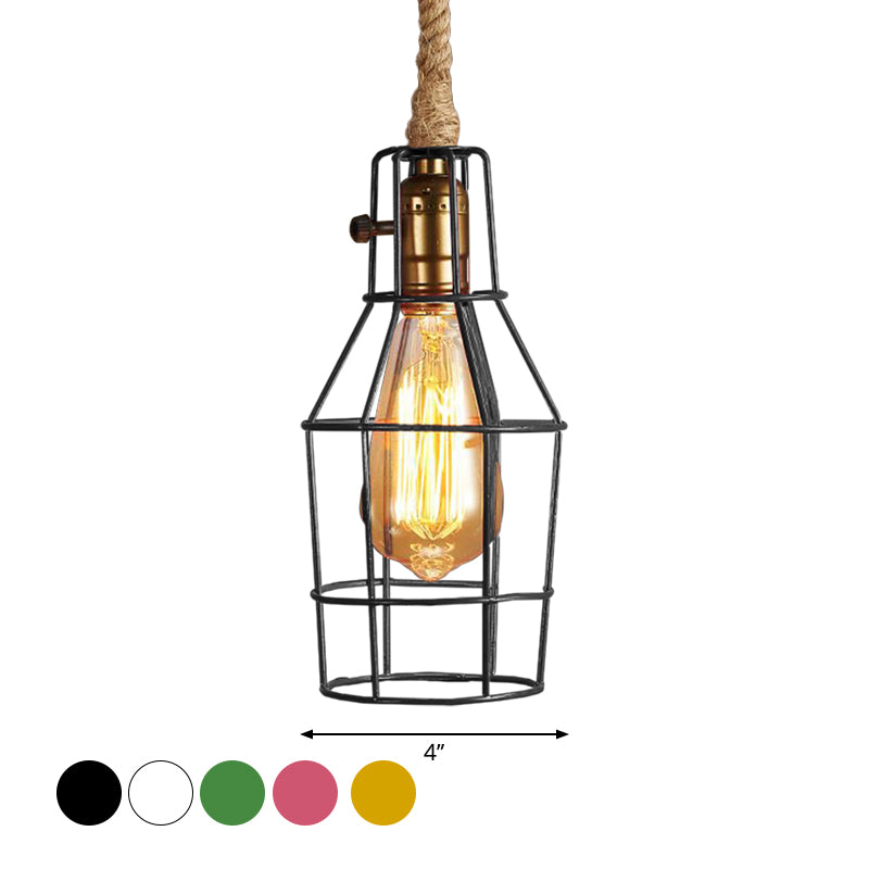 Wire Cage Dining Room Pendant Light Warehouse Metallic 1-Head Black/White/Pink Suspension Lamp with Rope Cord Clearhalo 'Ceiling Lights' 'Industrial Pendants' 'Industrial' 'Middle Century Pendants' 'Pendant Lights' 'Pendants' 'Tiffany' Lighting' 2181779