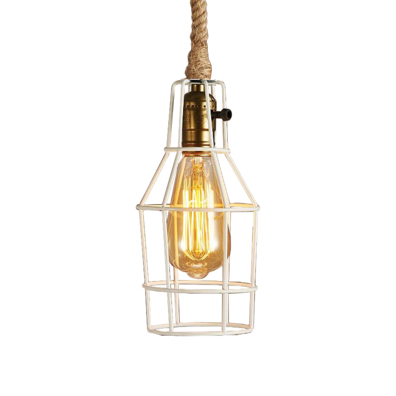 Wire Cage Dining Room Pendant Light Warehouse Metallic 1-Head Black/White/Pink Suspension Lamp with Rope Cord Clearhalo 'Ceiling Lights' 'Industrial Pendants' 'Industrial' 'Middle Century Pendants' 'Pendant Lights' 'Pendants' 'Tiffany' Lighting' 2181781