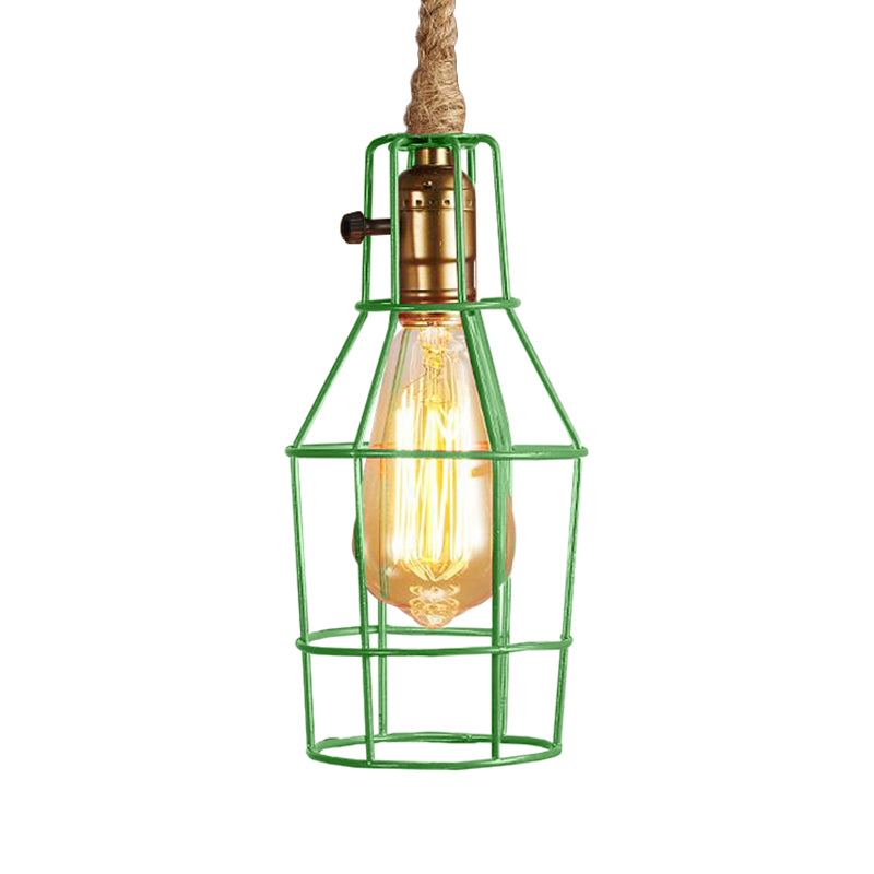 Wire Cage Dining Room Pendant Light Warehouse Metallic 1-Head Black/White/Pink Suspension Lamp with Rope Cord Green Clearhalo 'Ceiling Lights' 'Industrial Pendants' 'Industrial' 'Middle Century Pendants' 'Pendant Lights' 'Pendants' 'Tiffany' Lighting' 2181783