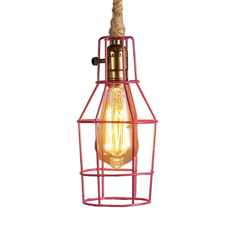 Wire Cage Dining Room Pendant Light Warehouse Metallic 1-Head Black/White/Pink Suspension Lamp with Rope Cord Pink Clearhalo 'Ceiling Lights' 'Industrial Pendants' 'Industrial' 'Middle Century Pendants' 'Pendant Lights' 'Pendants' 'Tiffany' Lighting' 2181785