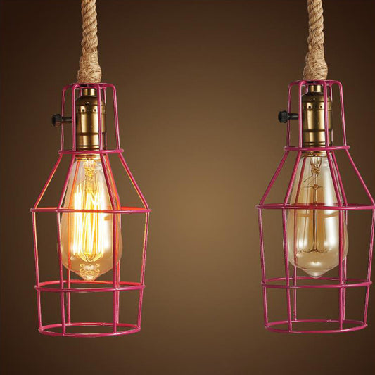 Wire Cage Dining Room Pendant Light Warehouse Metallic 1-Head Black/White/Pink Suspension Lamp with Rope Cord Clearhalo 'Ceiling Lights' 'Industrial Pendants' 'Industrial' 'Middle Century Pendants' 'Pendant Lights' 'Pendants' 'Tiffany' Lighting' 2181786