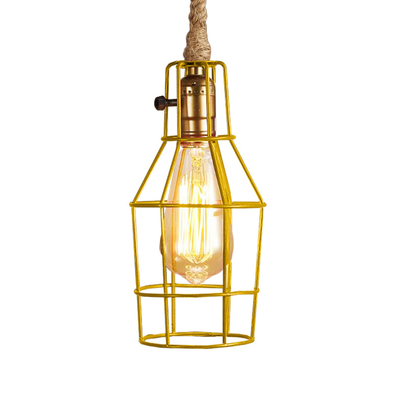 Wire Cage Dining Room Pendant Light Warehouse Metallic 1-Head Black/White/Pink Suspension Lamp with Rope Cord Yellow Clearhalo 'Ceiling Lights' 'Industrial Pendants' 'Industrial' 'Middle Century Pendants' 'Pendant Lights' 'Pendants' 'Tiffany' Lighting' 2181787