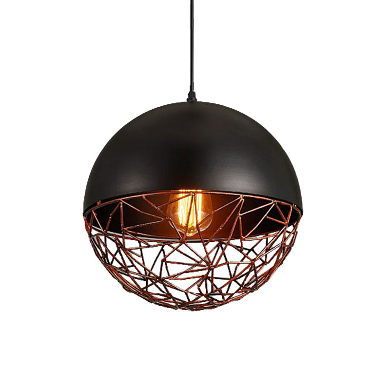 Iron Domed Hanging Ceiling Light Factory 1 Light Dining Room Down Lighting in Black with Wire Cage Clearhalo 'Art Deco Pendants' 'Black' 'Cast Iron' 'Ceiling Lights' 'Ceramic' 'Crystal' 'Industrial Pendants' 'Industrial' 'Metal' 'Middle Century Pendants' 'Pendant Lights' 'Pendants' 'Rustic Pendants' 'Tiffany' Lighting' 2181796