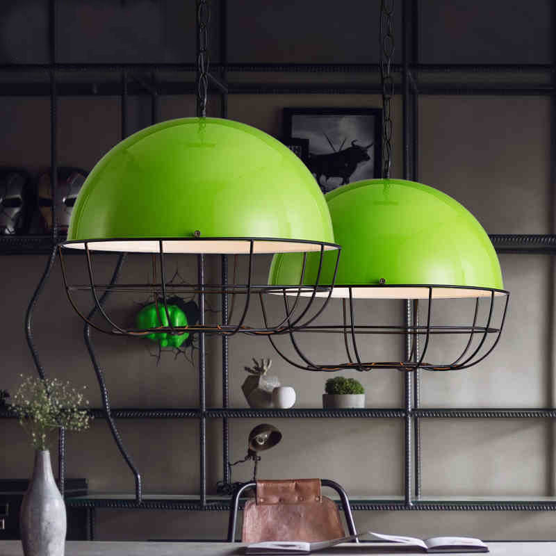 Warehouse Dome Drop Pendant 1 Head Iron Ceiling Lighting Fixture in Green with Cage for Dining Room Green Clearhalo 'Art Deco Pendants' 'Cast Iron' 'Ceiling Lights' 'Ceramic' 'Crystal' 'Industrial Pendants' 'Industrial' 'Metal' 'Middle Century Pendants' 'Pendant Lights' 'Pendants' 'Tiffany' Lighting' 2181799
