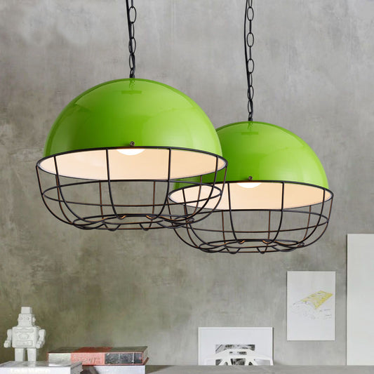 Warehouse Dome Drop Pendant 1 Head Iron Ceiling Lighting Fixture in Green with Cage for Dining Room Clearhalo 'Art Deco Pendants' 'Cast Iron' 'Ceiling Lights' 'Ceramic' 'Crystal' 'Industrial Pendants' 'Industrial' 'Metal' 'Middle Century Pendants' 'Pendant Lights' 'Pendants' 'Tiffany' Lighting' 2181800