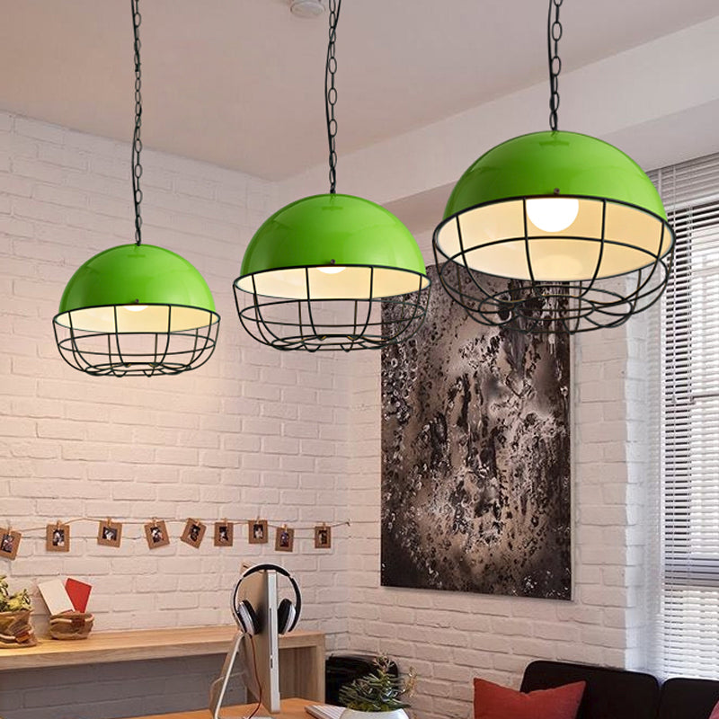 Warehouse Dome Drop Pendant 1 Head Iron Ceiling Lighting Fixture in Green with Cage for Dining Room Clearhalo 'Art Deco Pendants' 'Cast Iron' 'Ceiling Lights' 'Ceramic' 'Crystal' 'Industrial Pendants' 'Industrial' 'Metal' 'Middle Century Pendants' 'Pendant Lights' 'Pendants' 'Tiffany' Lighting' 2181801