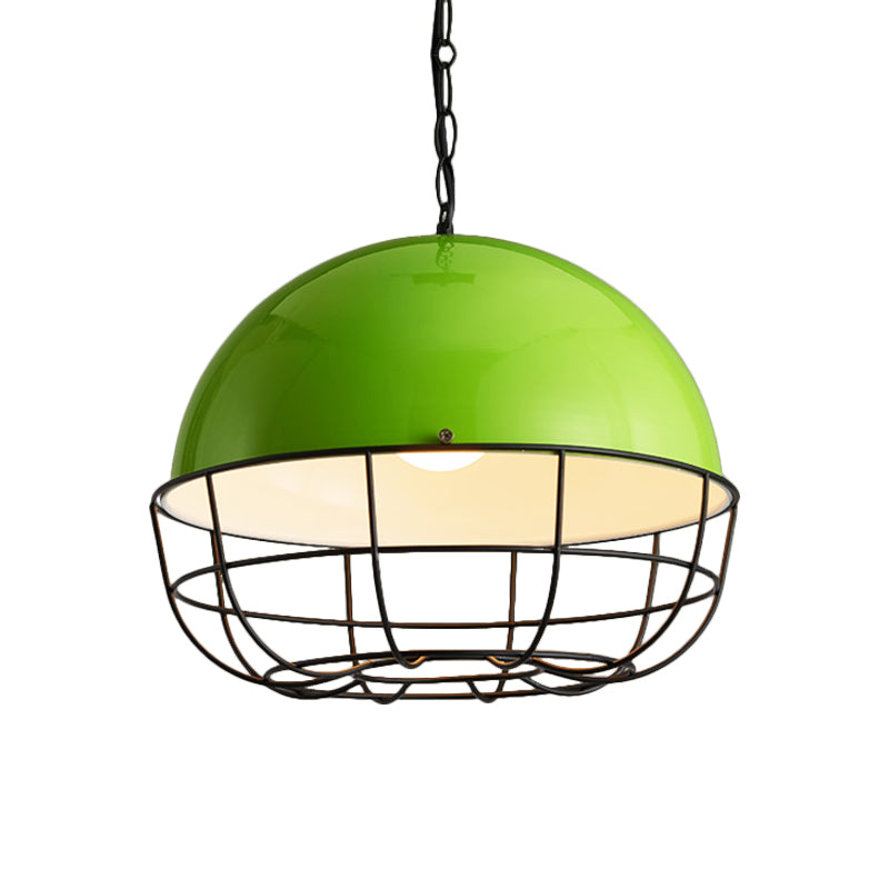 Warehouse Dome Drop Pendant 1 Head Iron Ceiling Lighting Fixture in Green with Cage for Dining Room Clearhalo 'Art Deco Pendants' 'Cast Iron' 'Ceiling Lights' 'Ceramic' 'Crystal' 'Industrial Pendants' 'Industrial' 'Metal' 'Middle Century Pendants' 'Pendant Lights' 'Pendants' 'Tiffany' Lighting' 2181802