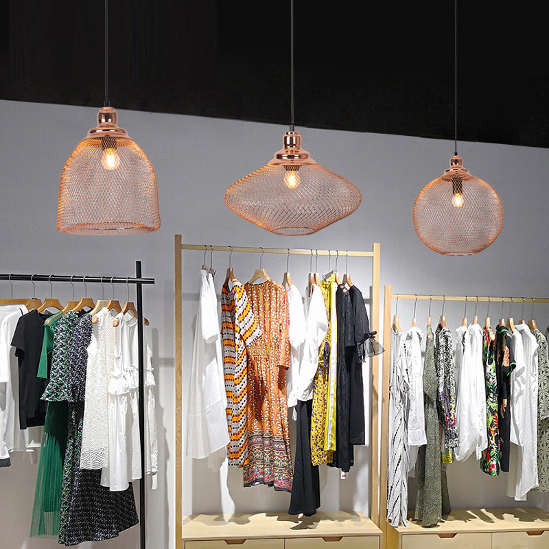 1 Bulb Globe/Dome Cage Pendant Lamp Industrial Rose Gold Finish Metal Down Lighting for Dining Room Rose Gold A Clearhalo 'Art Deco Pendants' 'Cast Iron' 'Ceiling Lights' 'Ceramic' 'Crystal' 'Industrial Pendants' 'Industrial' 'Metal' 'Middle Century Pendants' 'Pendant Lights' 'Pendants' 'Tiffany' Lighting' 2181820