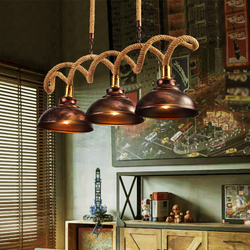 3 Lights Dome Island Light Vintage Rust Finish Metallic Hanging Lamp Kit with Twist Rope Cord Clearhalo 'Ceiling Lights' 'Island Lights' Lighting' 2181970
