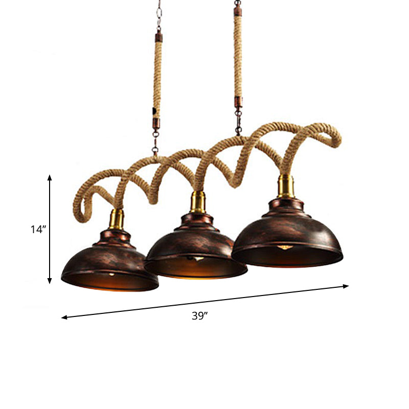 3 Lights Dome Island Light Vintage Rust Finish Metallic Hanging Lamp Kit with Twist Rope Cord Clearhalo 'Ceiling Lights' 'Island Lights' Lighting' 2181972