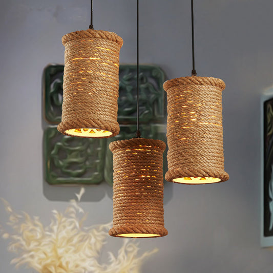 Brown Cylinder Cluster Pendant Light Loft Rope 3 Heads Dining Room Ceiling Fixture with Round/Linear Canopy Brown Round Clearhalo 'Ceiling Lights' 'Industrial Pendants' 'Industrial' 'Middle Century Pendants' 'Pendant Lights' 'Pendants' 'Tiffany' Lighting' 2181994