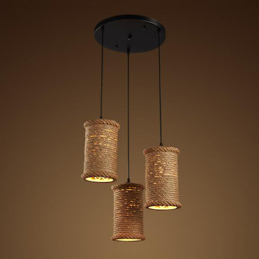 Brown Cylinder Cluster Pendant Light Loft Rope 3 Heads Dining Room Ceiling Fixture with Round/Linear Canopy Clearhalo 'Ceiling Lights' 'Industrial Pendants' 'Industrial' 'Middle Century Pendants' 'Pendant Lights' 'Pendants' 'Tiffany' Lighting' 2181997