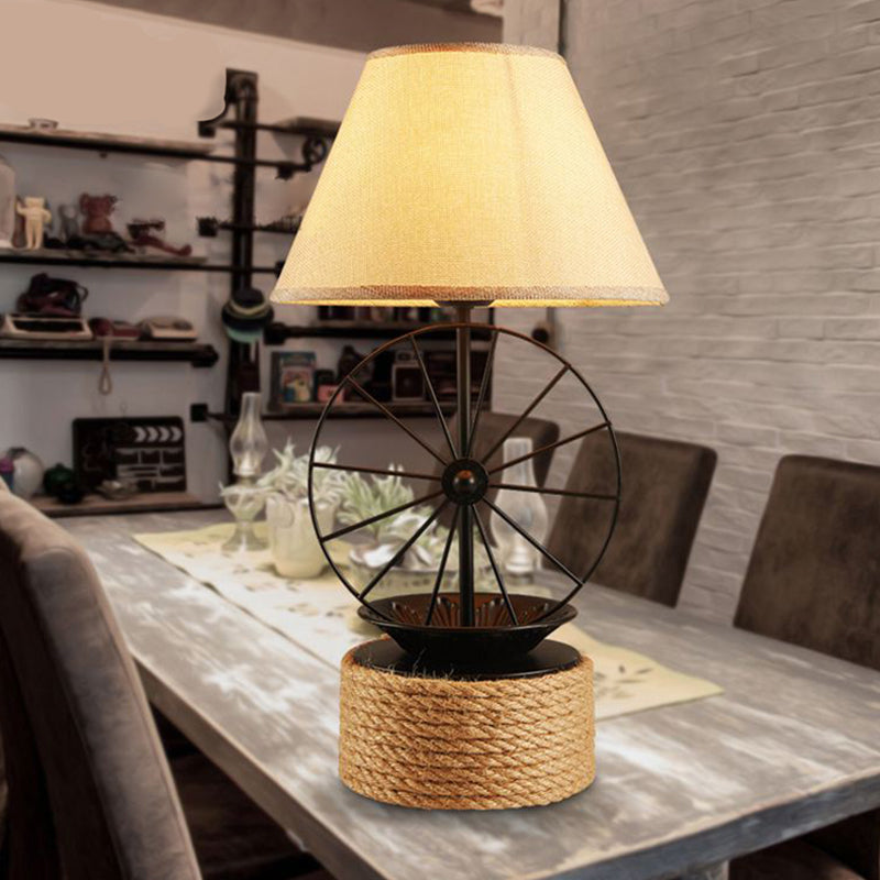 Fabric Conic Desk Lighting Factory Style 1 Light Dining Room Rope Table Lamp in Black with Wheel Deco Black Clearhalo 'Lamps' 'Table Lamps' Lighting' 2182007