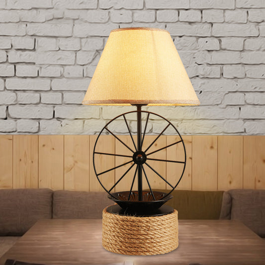 Fabric Conic Desk Lighting Factory Style 1 Light Dining Room Rope Table Lamp in Black with Wheel Deco Clearhalo 'Lamps' 'Table Lamps' Lighting' 2182008