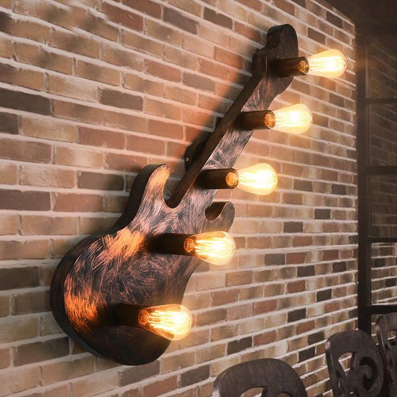 Vintage Bare Open Wall Sconce Light 5 Lights Metallic Wall Lighting in Rust with Guitar Backplate Rust Clearhalo 'Art deco wall lights' 'Cast Iron' 'Glass' 'Industrial wall lights' 'Industrial' 'Middle century wall lights' 'Modern' 'Rustic wall lights' 'Tiffany' 'Traditional wall lights' 'Wall Lamps & Sconces' 'Wall Lights' Lighting' 2182017