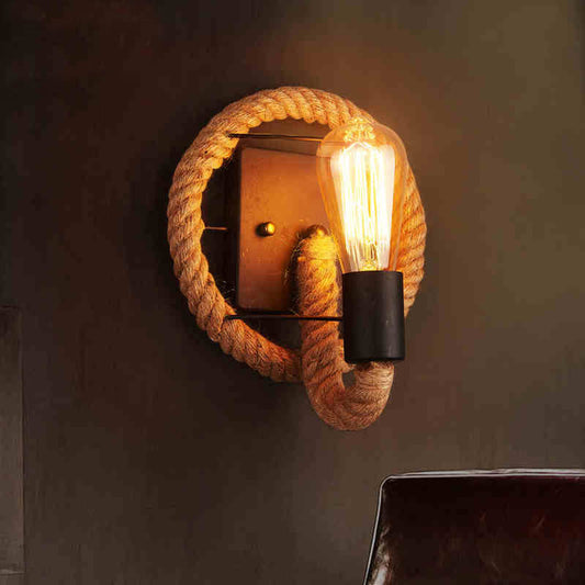 1-Head Rope Wall Sconce Loft Style Black Finish Round/Oval Corridor Metallic Wall Mount Lighting with Exposed Bulb Black Round Clearhalo 'Industrial wall lights' 'Industrial' 'Middle century wall lights' 'Tiffany' 'Wall Lamps & Sconces' 'Wall Lights' Lighting' 2182027