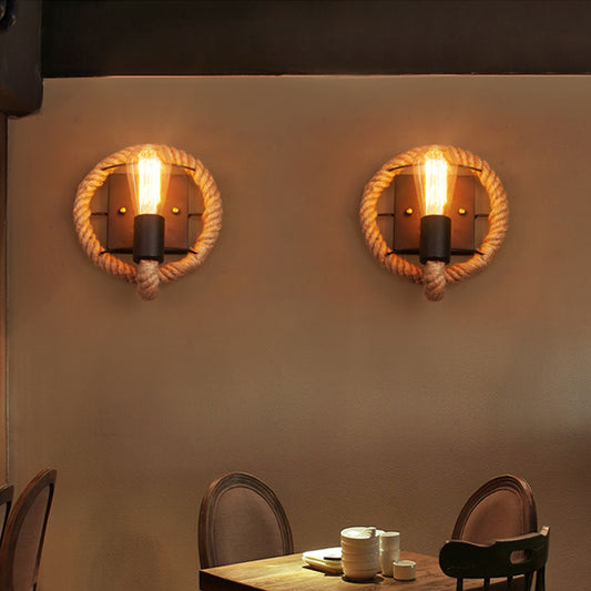 1-Head Rope Wall Sconce Loft Style Black Finish Round/Oval Corridor Metallic Wall Mount Lighting with Exposed Bulb Clearhalo 'Industrial wall lights' 'Industrial' 'Middle century wall lights' 'Tiffany' 'Wall Lamps & Sconces' 'Wall Lights' Lighting' 2182028