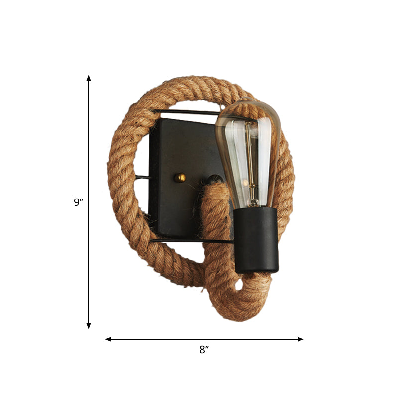 1-Head Rope Wall Sconce Loft Style Black Finish Round/Oval Corridor Metallic Wall Mount Lighting with Exposed Bulb Clearhalo 'Industrial wall lights' 'Industrial' 'Middle century wall lights' 'Tiffany' 'Wall Lamps & Sconces' 'Wall Lights' Lighting' 2182031