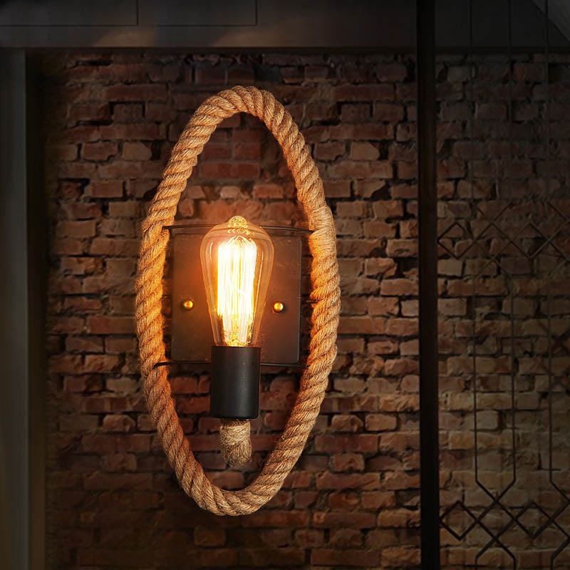 1-Head Rope Wall Sconce Loft Style Black Finish Round/Oval Corridor Metallic Wall Mount Lighting with Exposed Bulb Black Oval Clearhalo 'Industrial wall lights' 'Industrial' 'Middle century wall lights' 'Tiffany' 'Wall Lamps & Sconces' 'Wall Lights' Lighting' 2182032