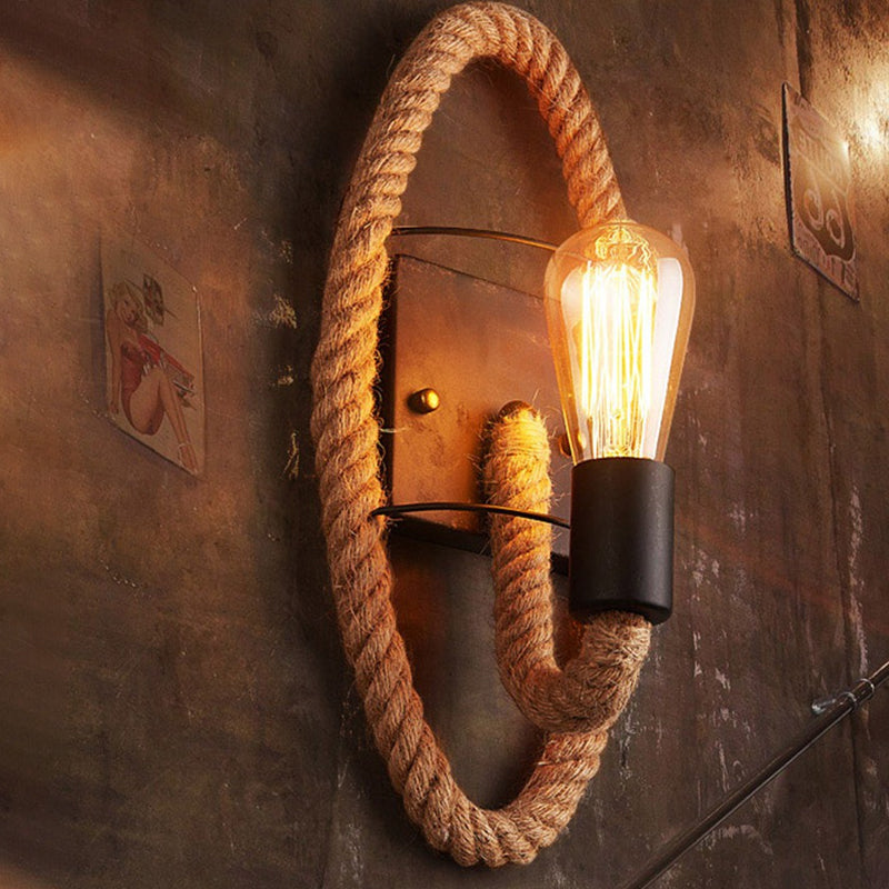 1-Head Rope Wall Sconce Loft Style Black Finish Round/Oval Corridor Metallic Wall Mount Lighting with Exposed Bulb Clearhalo 'Industrial wall lights' 'Industrial' 'Middle century wall lights' 'Tiffany' 'Wall Lamps & Sconces' 'Wall Lights' Lighting' 2182033