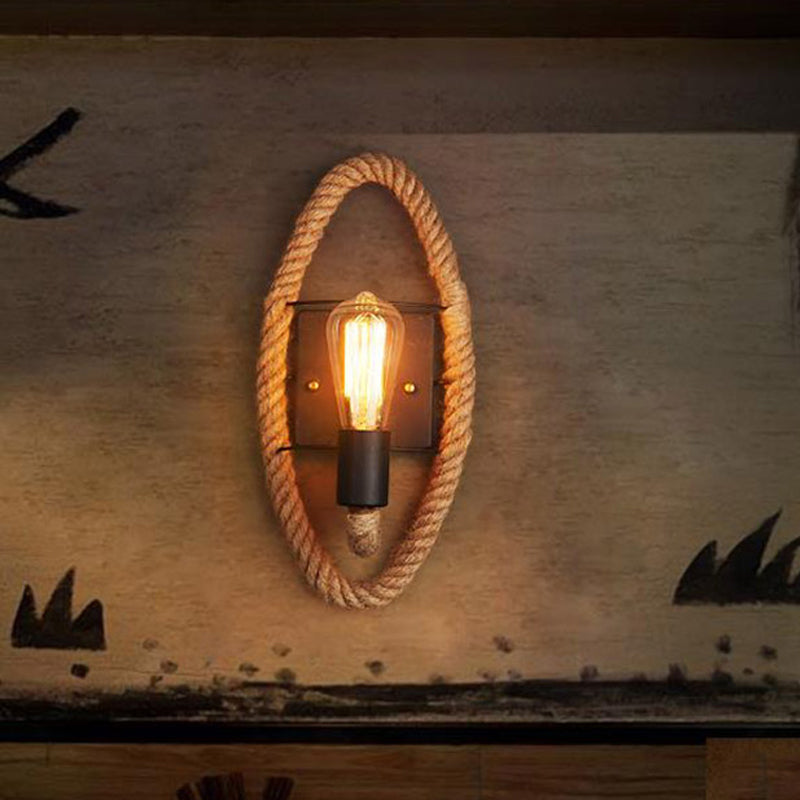 1-Head Rope Wall Sconce Loft Style Black Finish Round/Oval Corridor Metallic Wall Mount Lighting with Exposed Bulb Clearhalo 'Industrial wall lights' 'Industrial' 'Middle century wall lights' 'Tiffany' 'Wall Lamps & Sconces' 'Wall Lights' Lighting' 2182034