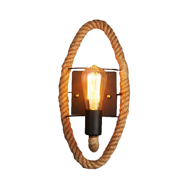 1-Head Rope Wall Sconce Loft Style Black Finish Round/Oval Corridor Metallic Wall Mount Lighting with Exposed Bulb Clearhalo 'Industrial wall lights' 'Industrial' 'Middle century wall lights' 'Tiffany' 'Wall Lamps & Sconces' 'Wall Lights' Lighting' 2182035