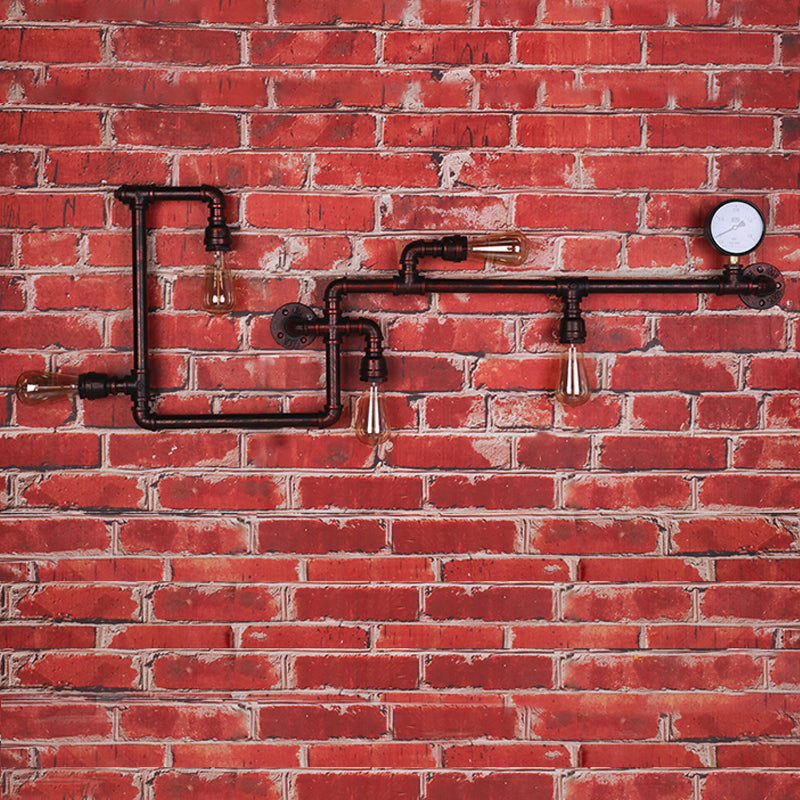 5 Heads Wall Light Fixture Warehouse Maze Metallic Sconce in Black/Rust with Open Bulb and Gauge Deco Clearhalo 'Art deco wall lights' 'Cast Iron' 'Glass' 'Industrial wall lights' 'Industrial' 'Middle century wall lights' 'Modern' 'Rustic wall lights' 'Tiffany' 'Traditional wall lights' 'Wall Lamps & Sconces' 'Wall Lights' Lighting' 2182043