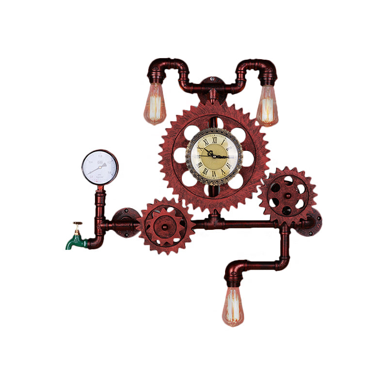 Rust Open Bulb Wall Lighting Factory Metal 2/3-Light Restaurant Sconce with Pipe and Gear Design Clearhalo 'Art deco wall lights' 'Cast Iron' 'Glass' 'Industrial wall lights' 'Industrial' 'Middle century wall lights' 'Modern' 'Rustic wall lights' 'Tiffany' 'Traditional wall lights' 'Wall Lamps & Sconces' 'Wall Lights' Lighting' 2182064