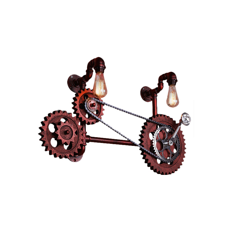 Rust Open Bulb Wall Lighting Factory Metal 2/3-Light Restaurant Sconce with Pipe and Gear Design Clearhalo 'Art deco wall lights' 'Cast Iron' 'Glass' 'Industrial wall lights' 'Industrial' 'Middle century wall lights' 'Modern' 'Rustic wall lights' 'Tiffany' 'Traditional wall lights' 'Wall Lamps & Sconces' 'Wall Lights' Lighting' 2182068