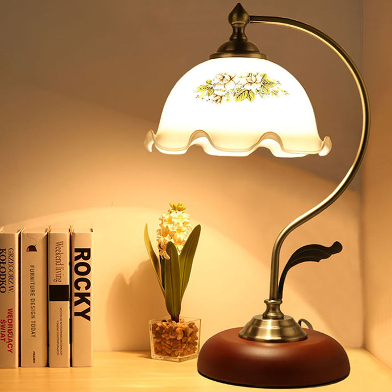 Ivory Glass Red Brown Desk Light Scalloped 1-Bulb Romantic Pastoral Nightstand Lamp for Bedroom Red Brown Clearhalo 'Lamps' 'Table Lamps' Lighting' 2182088