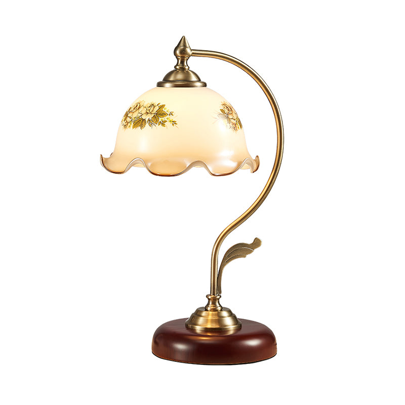 Ivory Glass Red Brown Desk Light Scalloped 1-Bulb Romantic Pastoral Nightstand Lamp for Bedroom Clearhalo 'Lamps' 'Table Lamps' Lighting' 2182089
