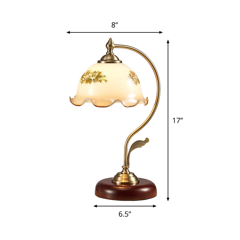 Ivory Glass Red Brown Desk Light Scalloped 1-Bulb Romantic Pastoral Nightstand Lamp for Bedroom Clearhalo 'Lamps' 'Table Lamps' Lighting' 2182090
