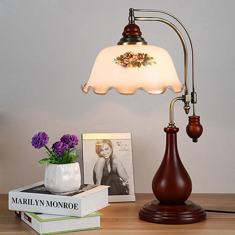 Wood Droplet Nightstand Light American 1-Bulb Bedroom Desk Lamp in Red Brown with Glass Shade Red Brown Clearhalo 'Lamps' 'Table Lamps' Lighting' 2182092