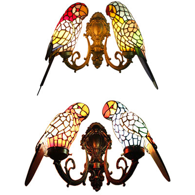 2 Heads Parrot Wall Lighting Rustic Loft Stained Glass Wall Sconce Light in Brass/Bronze Finish for Foyer Clearhalo 'Industrial' 'Middle century wall lights' 'Tiffany wall lights' 'Tiffany' 'Wall Lamps & Sconces' 'Wall Lights' Lighting' 21822