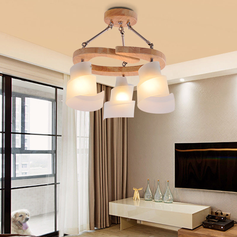 3/5 Bulbs Spiral Chandelier Nordic Frosted Glass Hanging Pendant Light with Wood Circle Shade Clearhalo 'Ceiling Lights' 'Chandeliers' 'Close To Ceiling Lights' 'Glass shade' 'Glass' Lighting' 218235