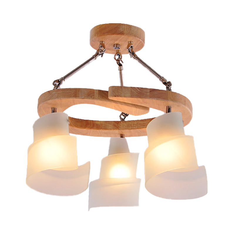 3/5 Bulbs Spiral Chandelier Nordic Frosted Glass Hanging Pendant Light with Wood Circle Shade Clearhalo 'Ceiling Lights' 'Chandeliers' 'Close To Ceiling Lights' 'Glass shade' 'Glass' Lighting' 218236