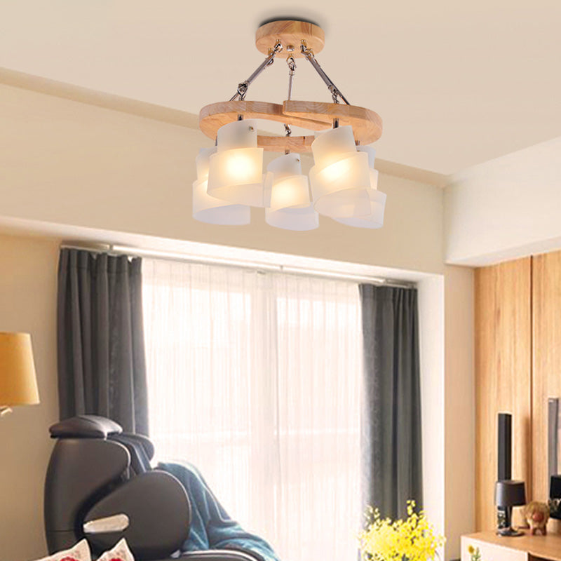 3/5 Bulbs Spiral Chandelier Nordic Frosted Glass Hanging Pendant Light with Wood Circle Shade 5 Wood Clearhalo 'Ceiling Lights' 'Chandeliers' 'Close To Ceiling Lights' 'Glass shade' 'Glass' Lighting' 218238