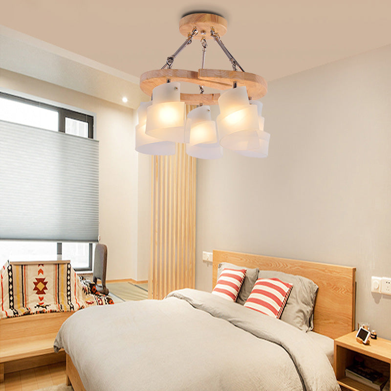 3/5 Bulbs Spiral Chandelier Nordic Frosted Glass Hanging Pendant Light with Wood Circle Shade Clearhalo 'Ceiling Lights' 'Chandeliers' 'Close To Ceiling Lights' 'Glass shade' 'Glass' Lighting' 218239