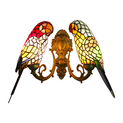2 Heads Parrot Wall Lighting Rustic Loft Stained Glass Wall Sconce Light in Brass/Bronze Finish for Foyer Clearhalo 'Industrial' 'Middle century wall lights' 'Tiffany wall lights' 'Tiffany' 'Wall Lamps & Sconces' 'Wall Lights' Lighting' 21823