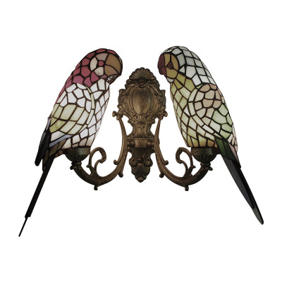 2 Heads Parrot Wall Lighting Rustic Loft Stained Glass Wall Sconce Light in Brass/Bronze Finish for Foyer Clearhalo 'Industrial' 'Middle century wall lights' 'Tiffany wall lights' 'Tiffany' 'Wall Lamps & Sconces' 'Wall Lights' Lighting' 21824