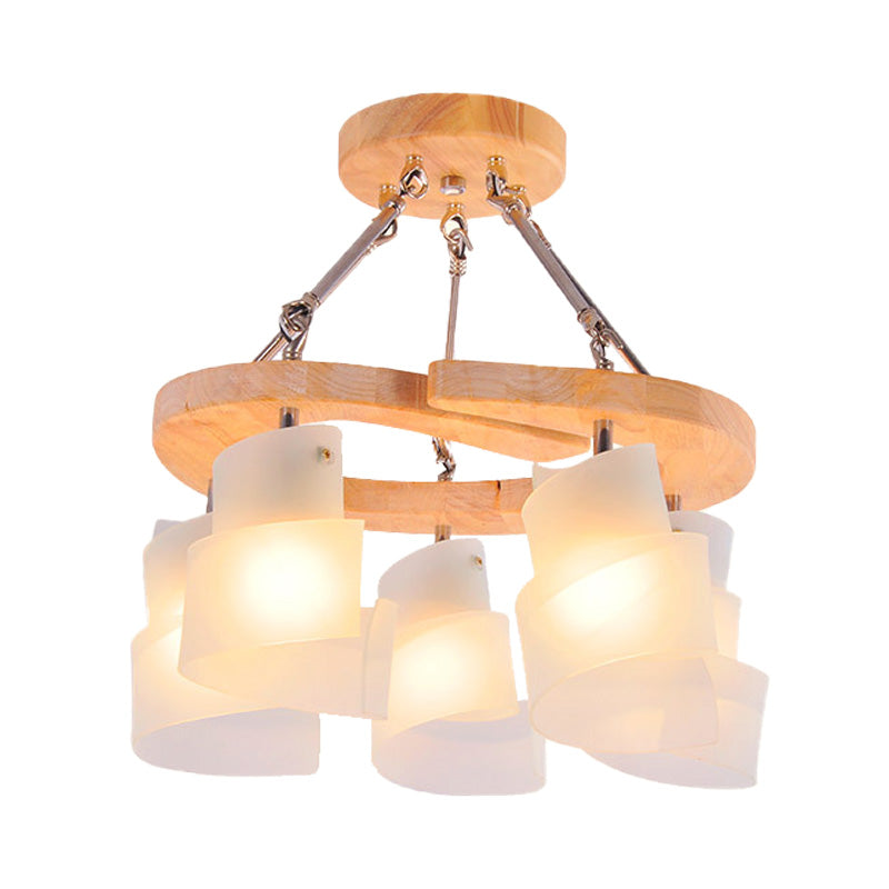 3/5 Bulbs Spiral Chandelier Nordic Frosted Glass Hanging Pendant Light with Wood Circle Shade Clearhalo 'Ceiling Lights' 'Chandeliers' 'Close To Ceiling Lights' 'Glass shade' 'Glass' Lighting' 218240