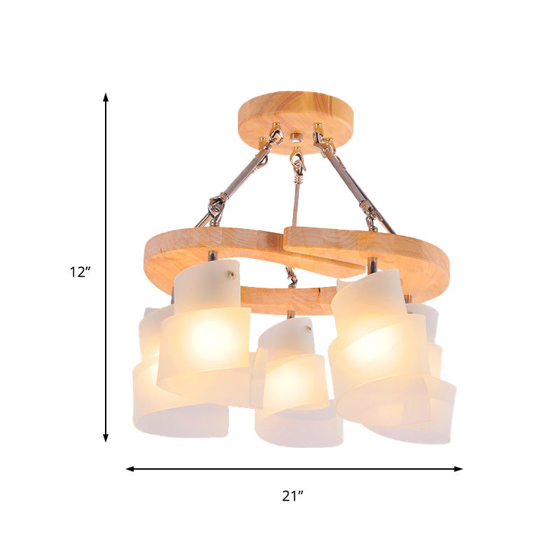 3/5 Bulbs Spiral Chandelier Nordic Frosted Glass Hanging Pendant Light with Wood Circle Shade Clearhalo 'Ceiling Lights' 'Chandeliers' 'Close To Ceiling Lights' 'Glass shade' 'Glass' Lighting' 218241