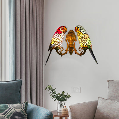 2 Heads Parrot Wall Lighting Rustic Loft Stained Glass Wall Sconce Light in Brass/Bronze Finish for Foyer Brass Clearhalo 'Industrial' 'Middle century wall lights' 'Tiffany wall lights' 'Tiffany' 'Wall Lamps & Sconces' 'Wall Lights' Lighting' 21825
