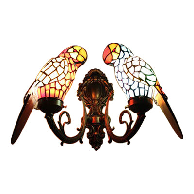 2 Heads Parrot Wall Lighting Rustic Loft Stained Glass Wall Sconce Light in Brass/Bronze Finish for Foyer Clearhalo 'Industrial' 'Middle century wall lights' 'Tiffany wall lights' 'Tiffany' 'Wall Lamps & Sconces' 'Wall Lights' Lighting' 21826