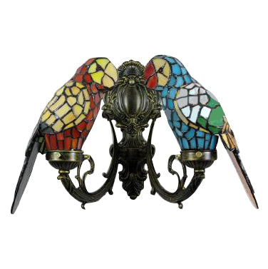 2 Heads Parrot Wall Lighting Rustic Loft Stained Glass Wall Sconce Light in Brass/Bronze Finish for Foyer Clearhalo 'Industrial' 'Middle century wall lights' 'Tiffany wall lights' 'Tiffany' 'Wall Lamps & Sconces' 'Wall Lights' Lighting' 21827