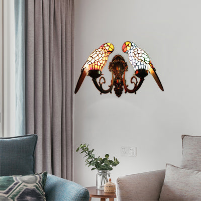 2 Heads Parrot Wall Lighting Rustic Loft Stained Glass Wall Sconce Light in Brass/Bronze Finish for Foyer Bronze Clearhalo 'Industrial' 'Middle century wall lights' 'Tiffany wall lights' 'Tiffany' 'Wall Lamps & Sconces' 'Wall Lights' Lighting' 21828
